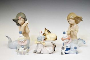 Lladro - Three porcelain Pierrot clowns and others