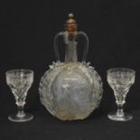 19th century Dutch etched glass decanter and two glasses