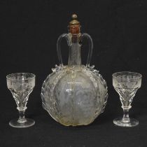 19th century Dutch etched glass decanter and two glasses