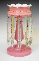 Early 20th century pink lustre, together with drop lustre lamp and ceiling light