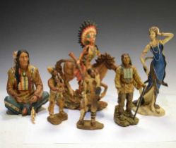 Group of resin native American figures plus Art Deco style lady