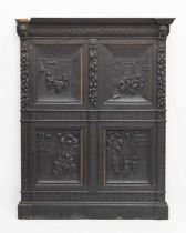Large late 19th century carved ebonised wooden four-panel relief with figures