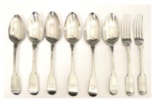 Matched set of six silver Fiddle pattern dessert spoons, and a pair of Victorian dessert forks