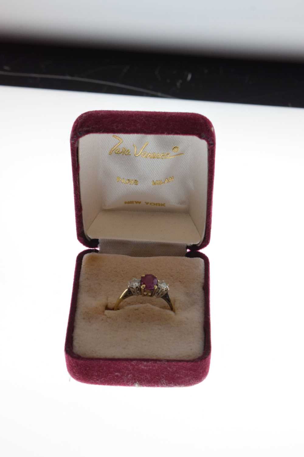 18ct gold, ruby and diamond three-stone ring - Image 7 of 7