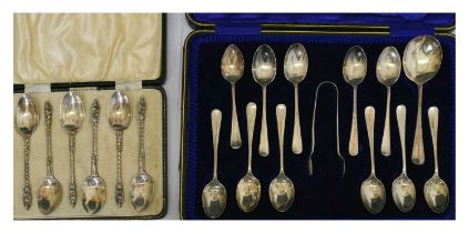 Cased set of late Victorian silver 'apostle' teaspoons, etc