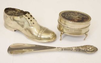 Silver and tortoiseshell pique work oval box, pin cushion in the form of a shoe, etc