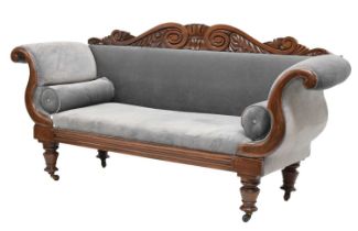 19th century mahogany scroll arm settee with carved decoration