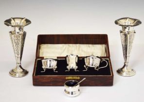 Pair of Victorian silver bud vases, and condiment set