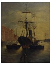 G. Scholtens - Oil on board - Steamship moored at harbour