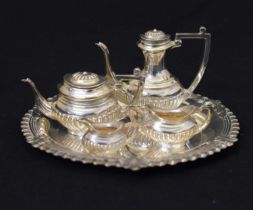 Elizabeth II miniature silver four-piece tea and coffee set, and tray