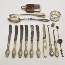 Silver items to include George V silver mounted hip-flask, Georgian folding fruit knife, etc