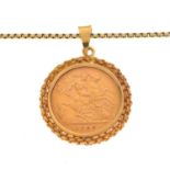 Edward VII gold half sovereign 1905 with 9ct gold pendant mount and chain