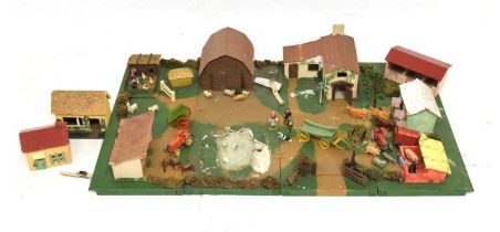 Scratch built fold-up farm yard play set, plus Charbens and Britains figures