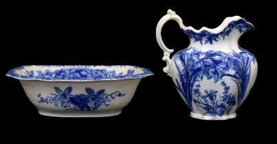 Wedgwood & Co 'Nancy' pattern flow blue and white jug and basin