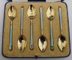 Cased set of six blue enamel and silver demi-tasse coffee spoons
