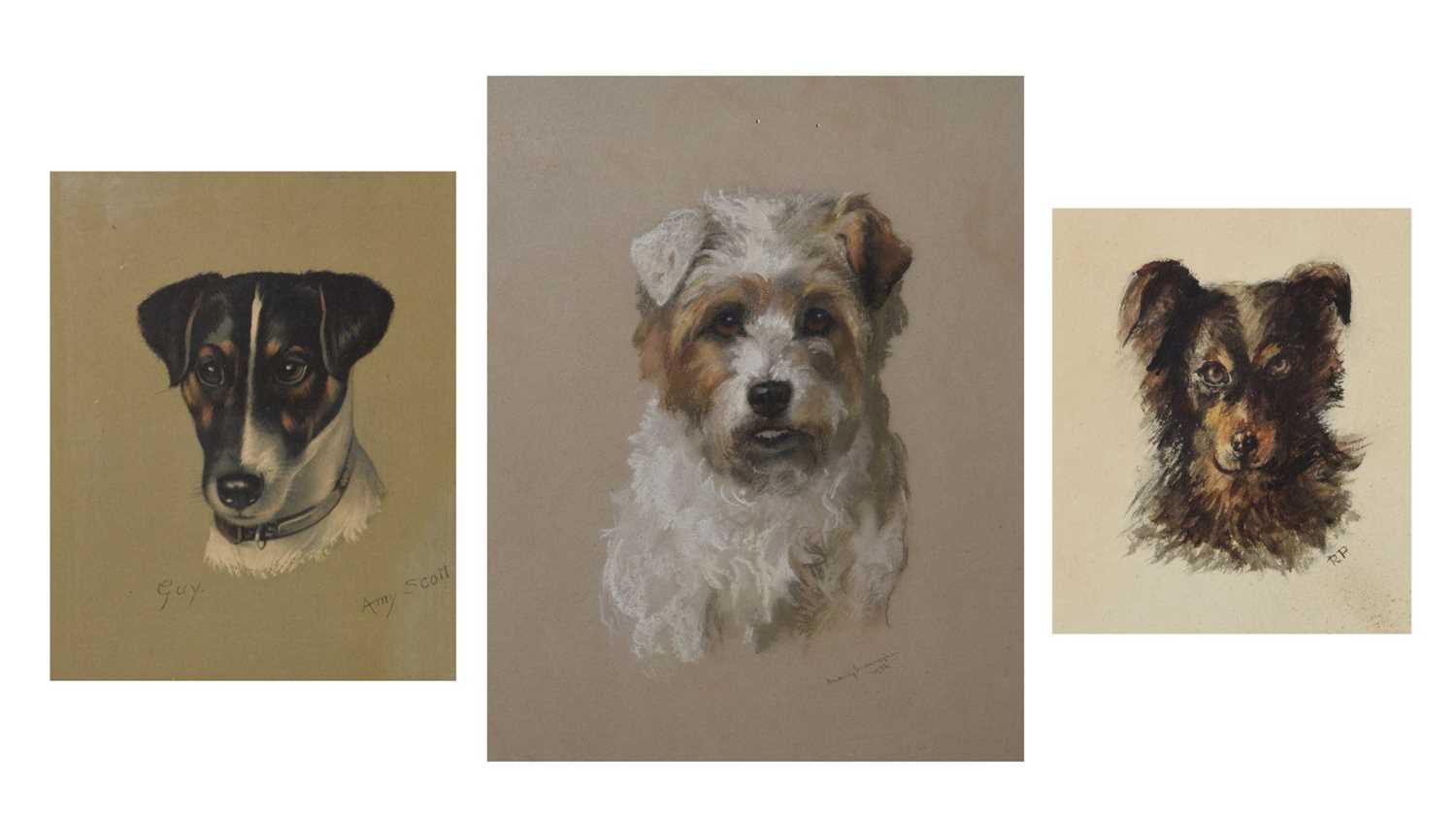 Two dog paintings and a print after Amy Scott