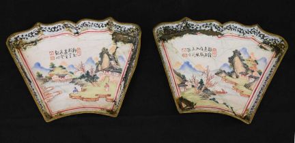 Pair of 19th century Chinese Canton enamel fan shaped dishes