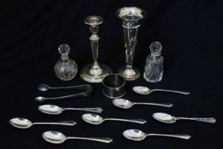 Quantity of silver items to include bud vase, candlestick, teaspoons, etc