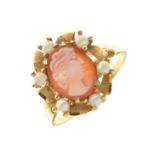 Yellow metal cameo and pearl ring