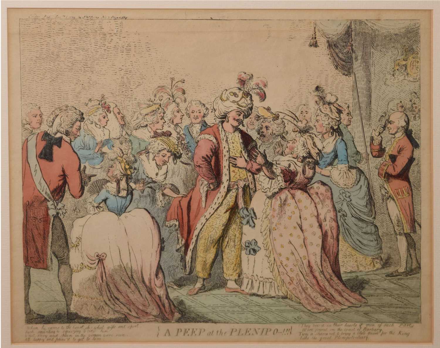 Late 18th century coloured print - 'A Peep at the Plenipo-!!!'