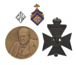 Churchill bronze medallion, cap badge and other badges