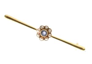 Early 20th century sapphire and seed pearl cluster bar brooch