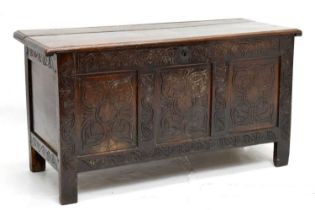17th century oak three carved panel coffer/bedding chest