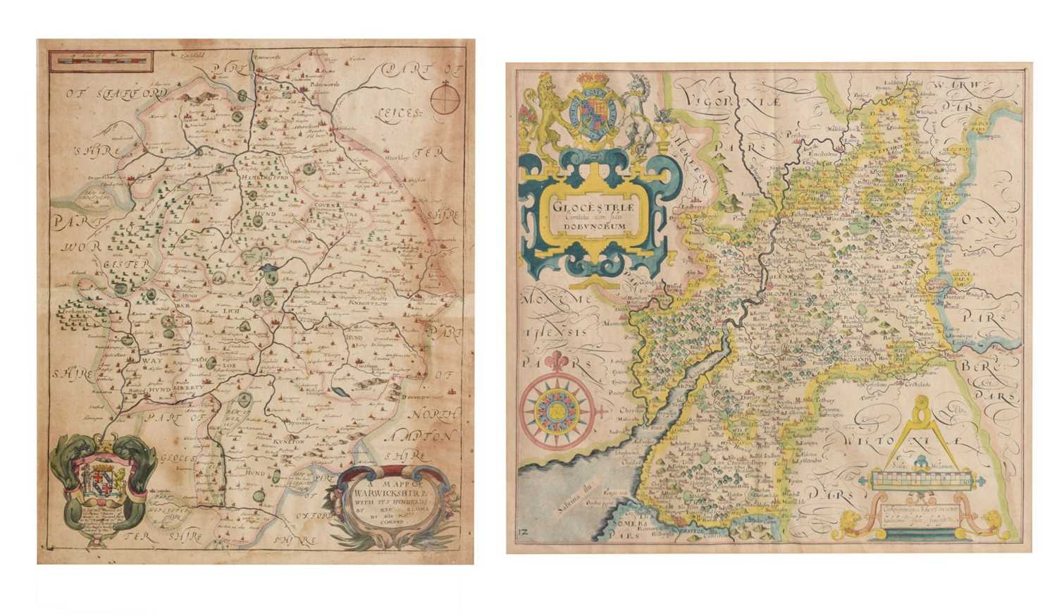 Two 17th century hand-coloured maps of Gloucestershire & Warwickshire