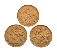 Three George V gold half sovereigns, 1911, 1912, and 1913