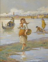 Antonio Paoletti (Italian, 1834-1912) - Watercolour - Lady with basket, Venezia, 1909