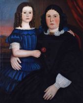 Folk Art - British Naïve School, 19th century - Oil on canvas - Portrait of a mother and daughter