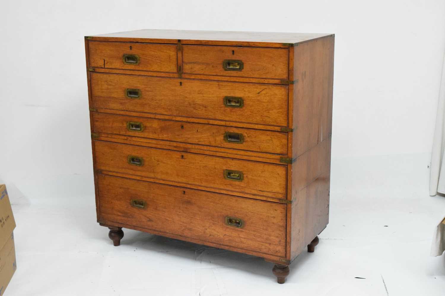 Late 19th century brass-bound teak campaign secretaire chest - Image 8 of 16