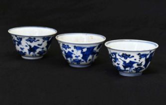 Three Chinese blue and white porcelain tea bowls