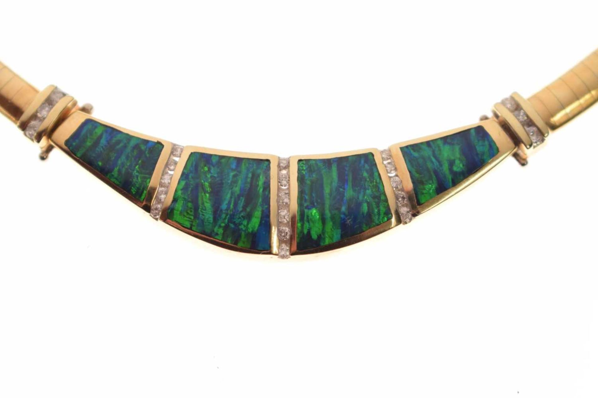 Synthetic opal and diamond 14ct yellow gold collar necklace - Image 3 of 8