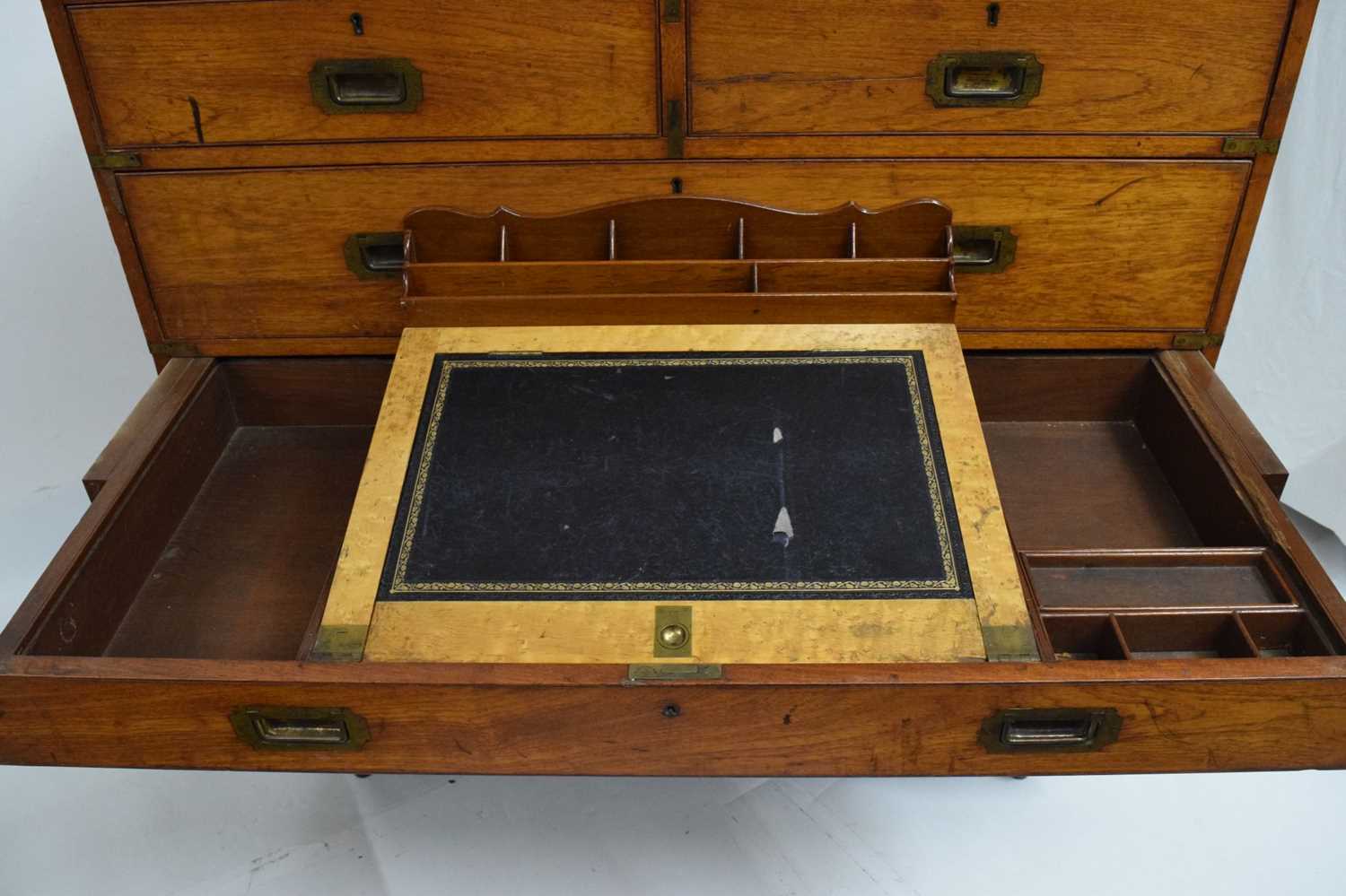 Late 19th century brass-bound teak campaign secretaire chest - Image 2 of 16