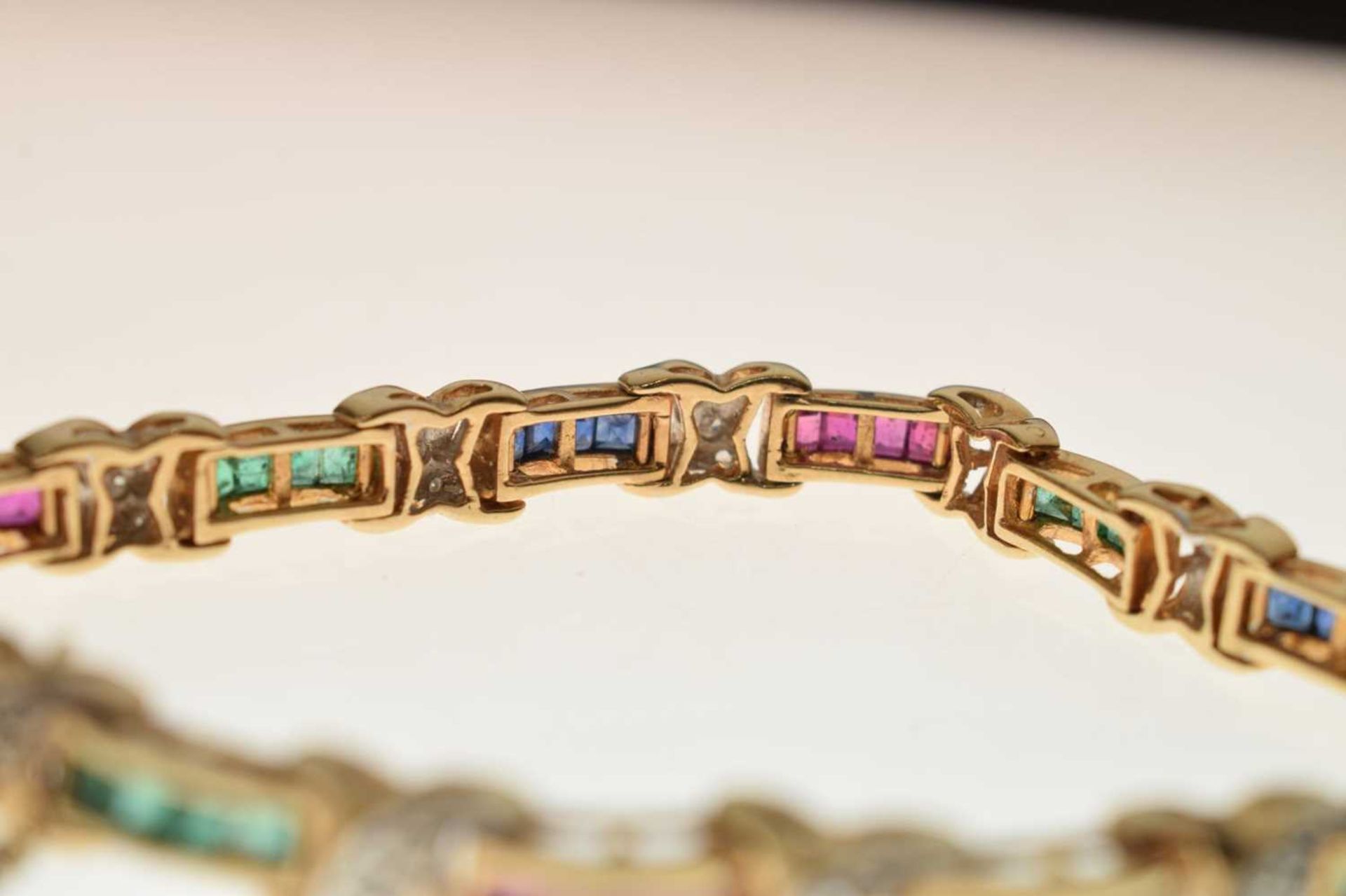 Diamond, ruby, sapphire and emerald yellow metal bracelet - Image 8 of 12