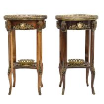 Pair of 20th century French walnut and marquetry two-tier occasional tables