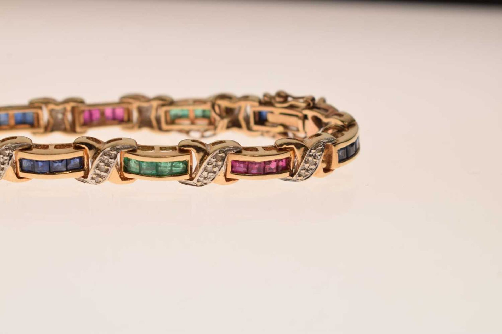 Diamond, ruby, sapphire and emerald yellow metal bracelet - Image 4 of 12