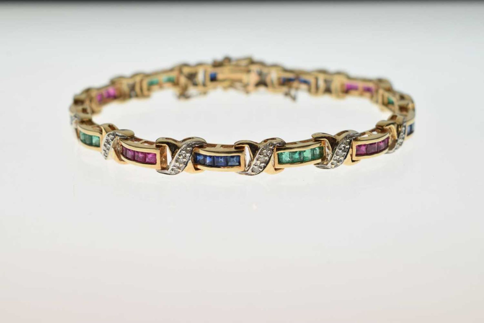Diamond, ruby, sapphire and emerald yellow metal bracelet - Image 12 of 12