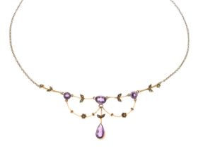 Early 20th century amethyst and seed pearl swag necklace