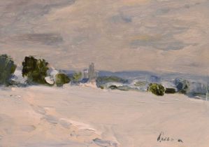 Edward Wesson, RI (1910-1983) - Oil on board - Snowy landscape with church