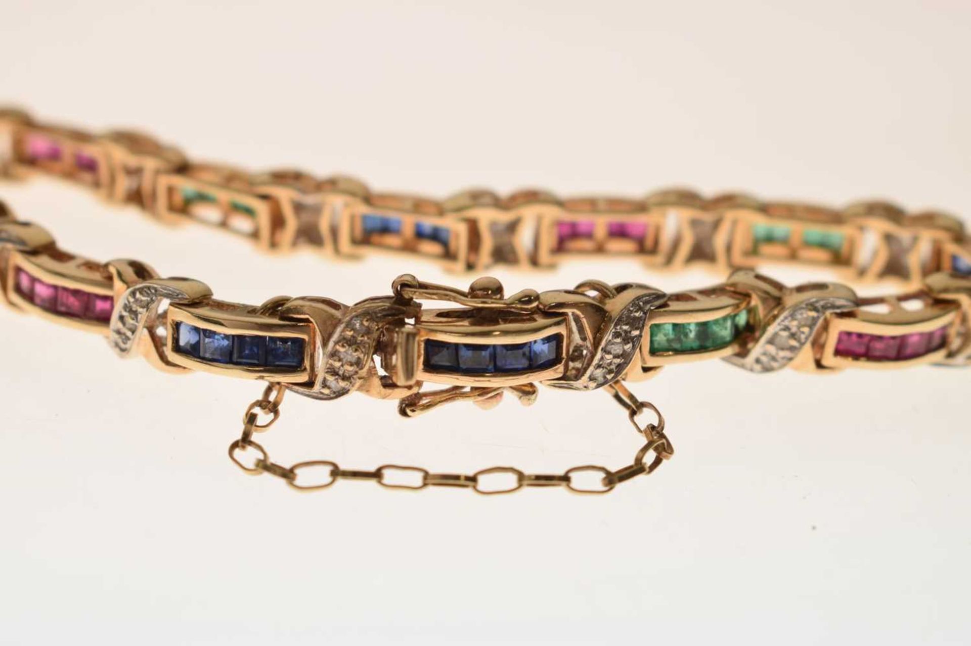 Diamond, ruby, sapphire and emerald yellow metal bracelet - Image 6 of 12