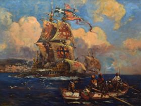 Bernard Finegan Gribble (British, 1873-1962) - Oil on canvas - Galleon off the coast