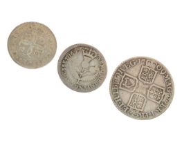 Three silver milled coins, Charles II, William III, and Queen Anne