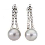 Pair of grey South Sea cultured pearl and diamond drop earrings