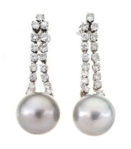 Pair of grey South Sea cultured pearl and diamond drop earrings