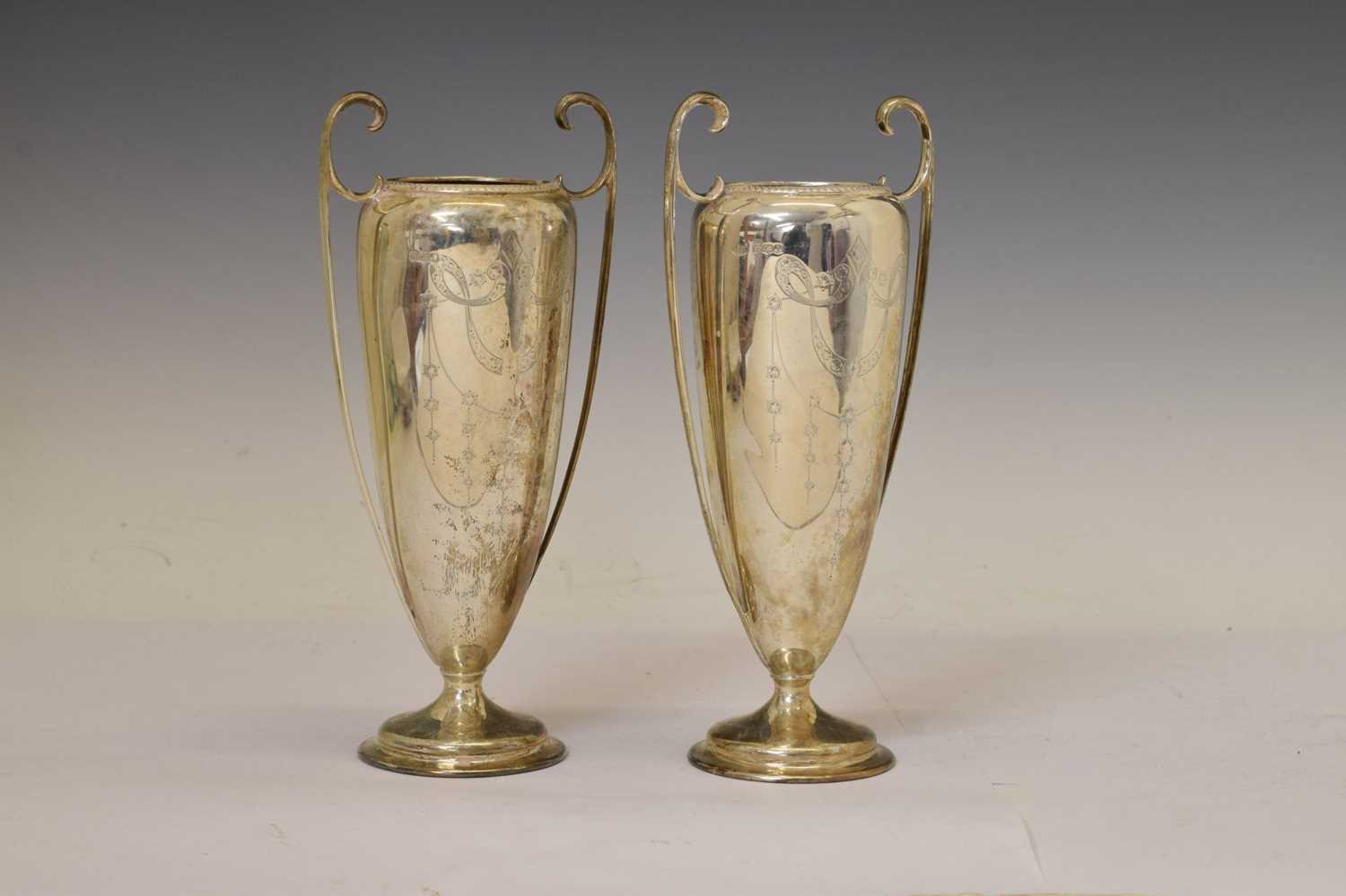 Pair of George V silver twin-handled vases - Image 13 of 14