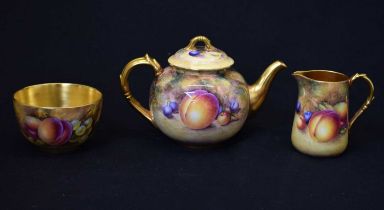 Royal Worcester - Fruit decorated teapot, milk jug and sugar basin