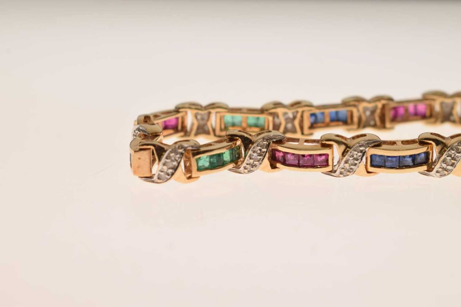 Diamond, ruby, sapphire and emerald yellow metal bracelet - Image 2 of 12