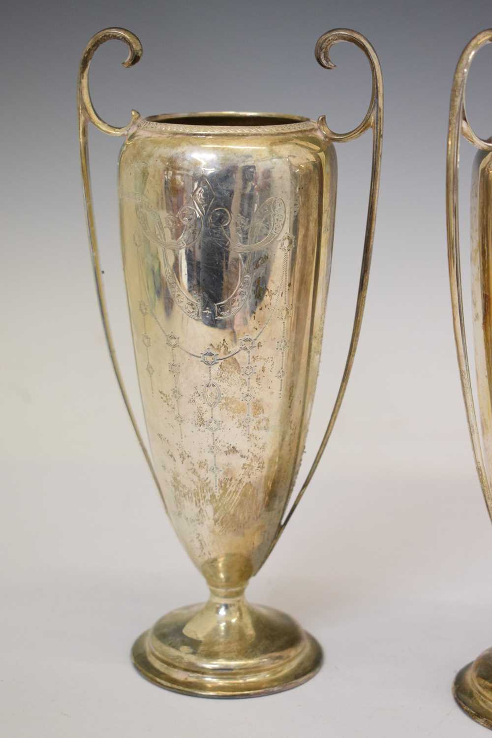 Pair of George V silver twin-handled vases - Image 3 of 14